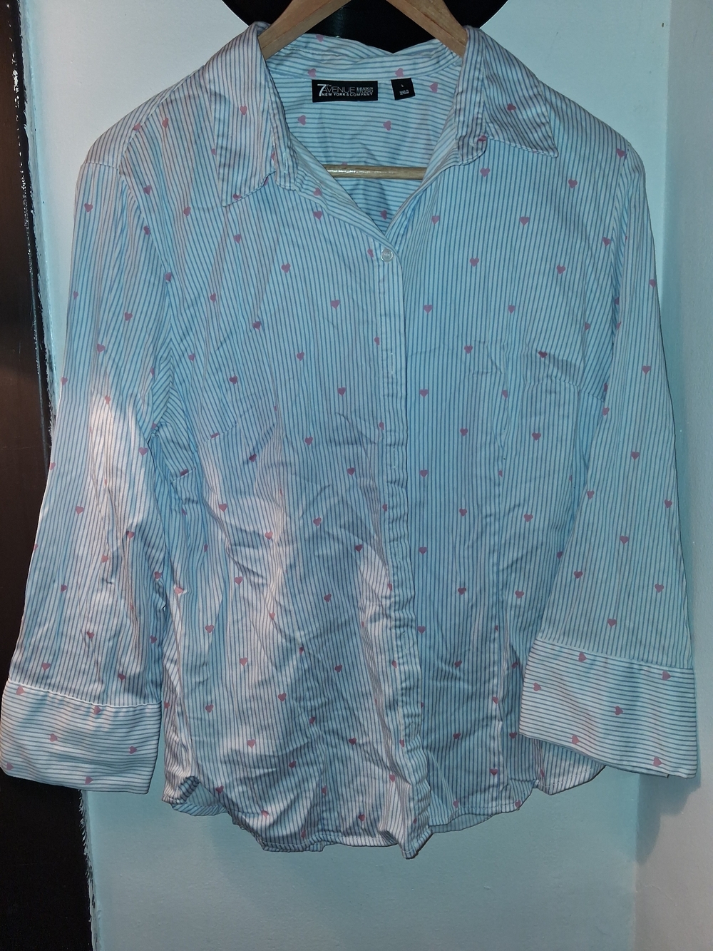 7th Avenue New York And Company Striped Button-Up Shirt with Pink Heart Print